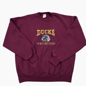 Vintage Ducks Unlimited Mens Burgundy Embroidered Dog Sweatshirt XL Made In USA